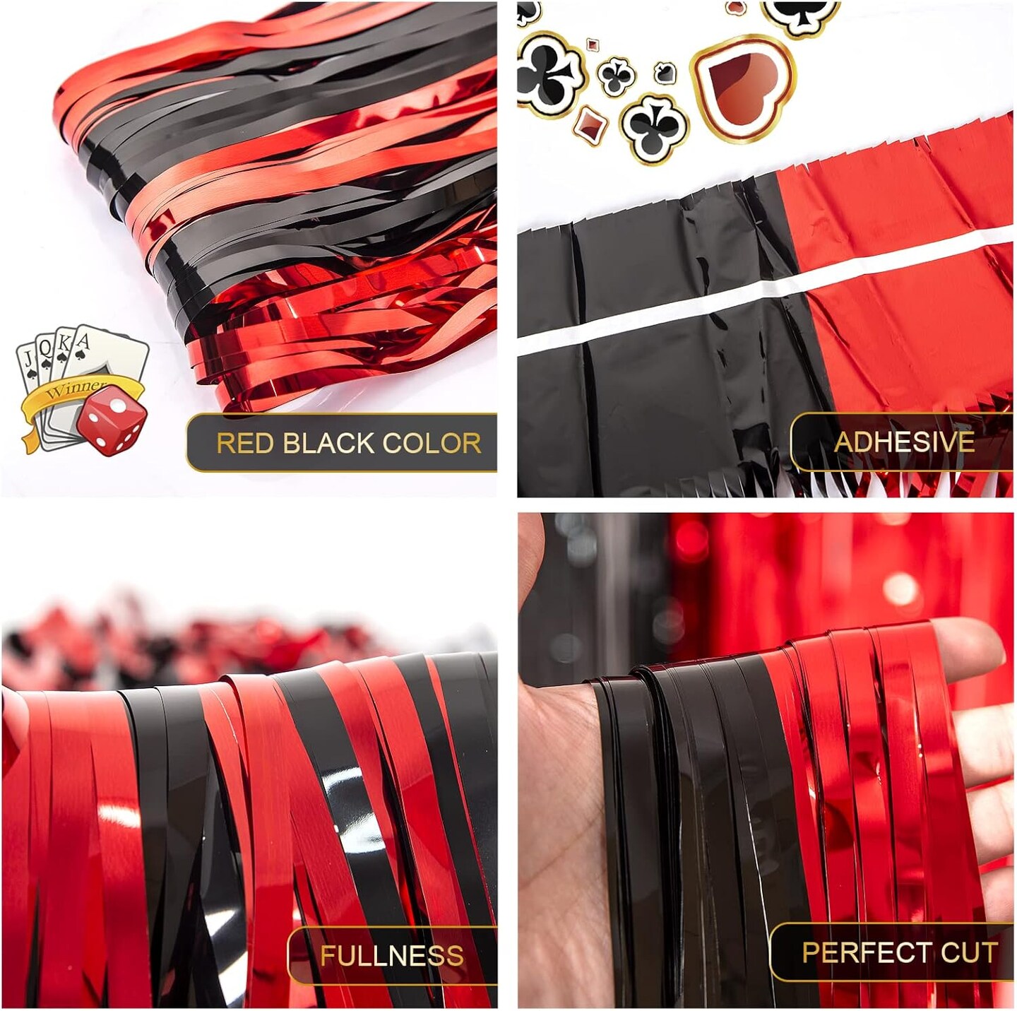 Casino Theme Party Decorations, 3 Pack Red and Black Birthday Party Supplies 3.3 x 6.6ft Tinsel Foil Fringe Curtains Photo Booth Props Backdrop Streamers, House Room Decor for Las Vegas Party