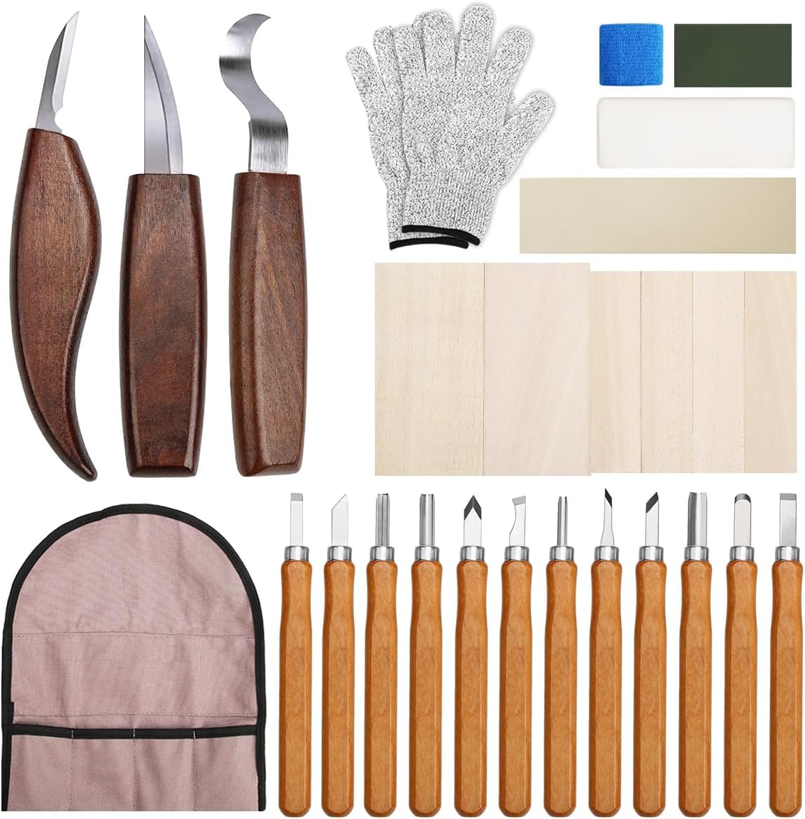 Wood Carving Kit 29 in-1 Wood Carving Tools with 3 Pcs Wood Carving Knives & 12PCS Detail Knives,Basswood Blocks & Gloves & Roll Bag & Strop Block & Polishing Compound Whittling Deluxe Kit