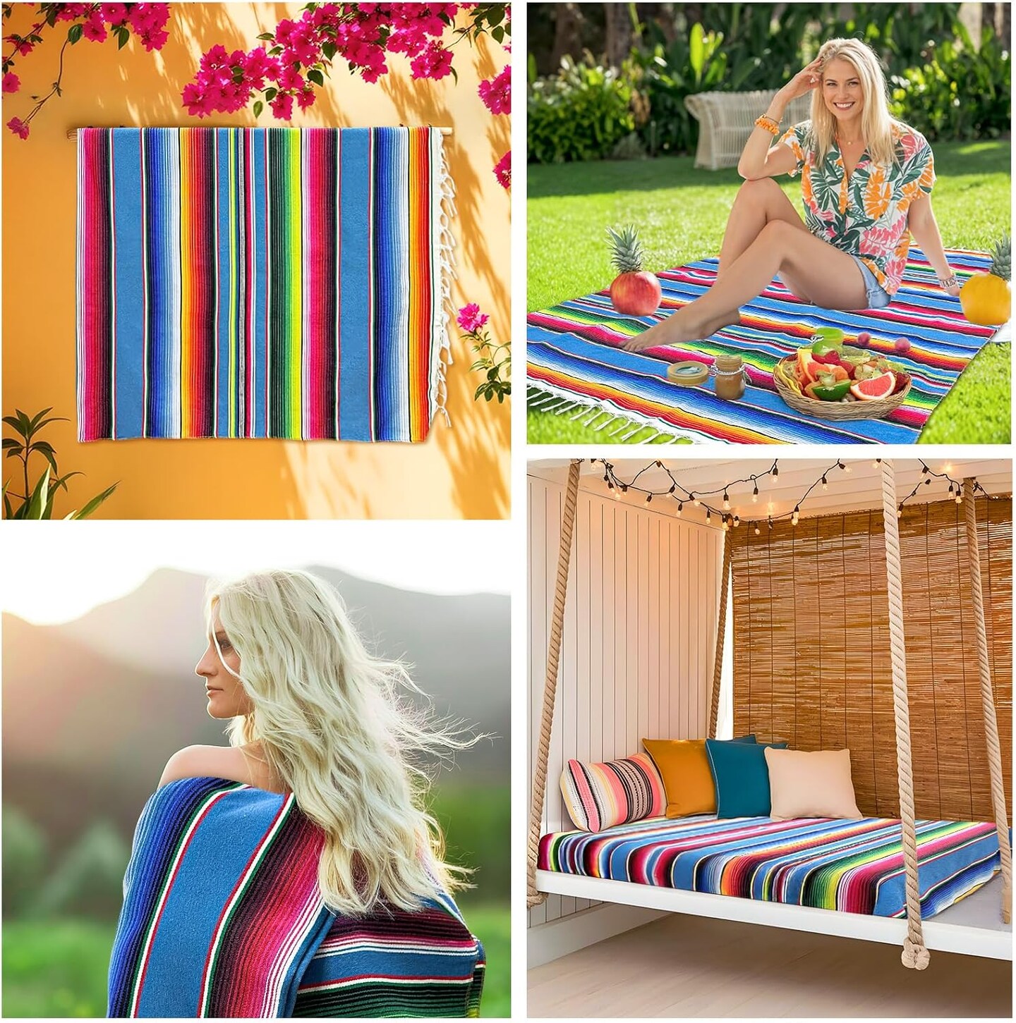 59 x 84 Inch Mexican Tablecloth Serape Blanket for Mexican Party Wedding Decorations, Large Square Cotton Fringe Table Cloth Colorful Mexican Blanket Outdoor Fiesta Table Cover Picnic (Blue)