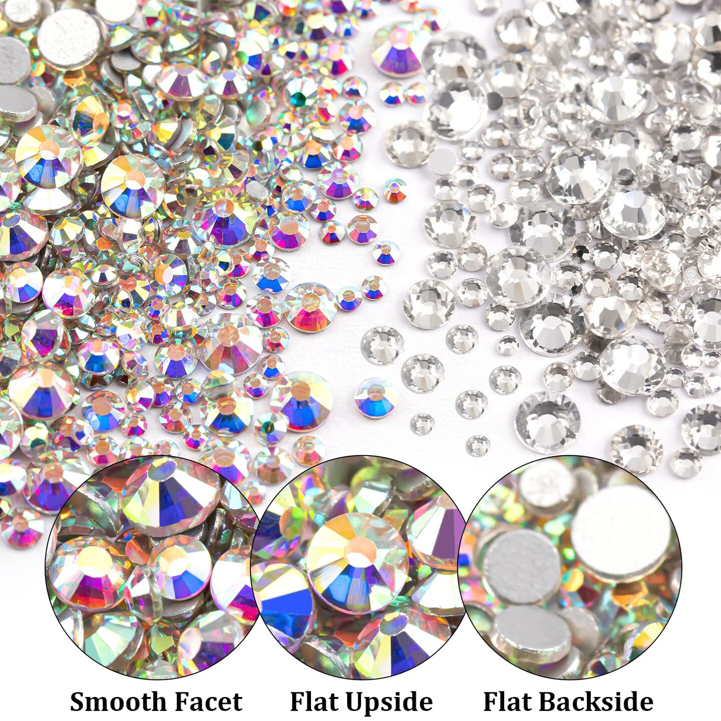 2-Pack Flatback Rhinestones – 4,520pcs Rainbow, AB & White Gems for Crafts, Nail Art & Bedazzling