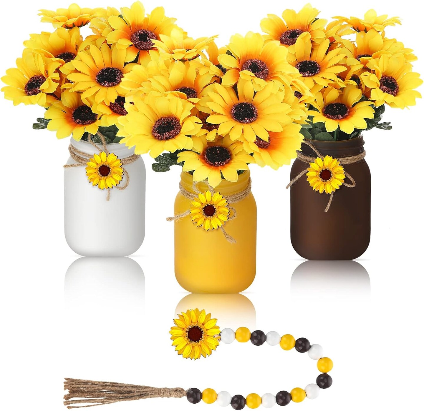 13 Pcs Mason Jar Summer Table Decor, Centerpieces for Tables with Artificial Flowers and Garland, Summer Table Centerpiece for Home Dining Kitchen Decorations Indoor(Bright Sunflower)