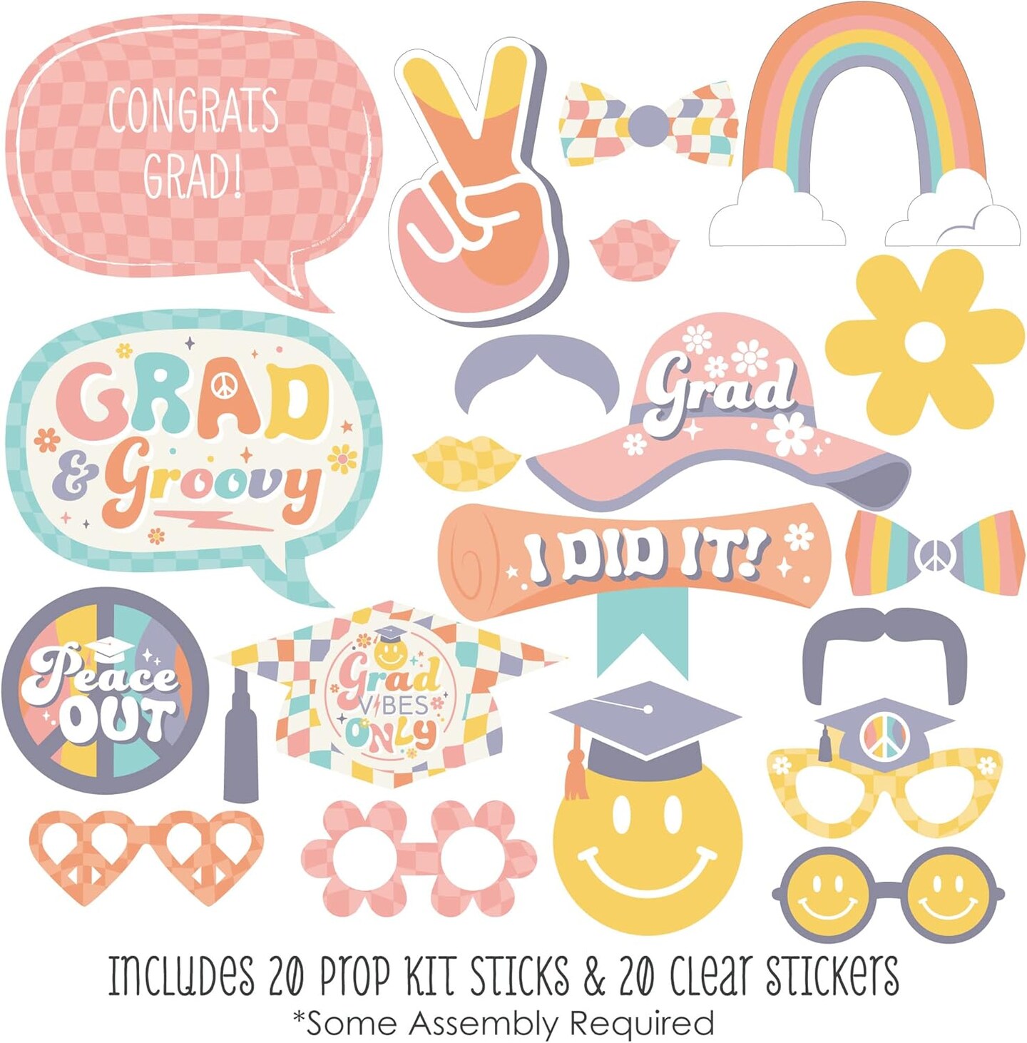 20PCS Groovy Grad Photo Booth Props – Hippie Graduation Party Kit