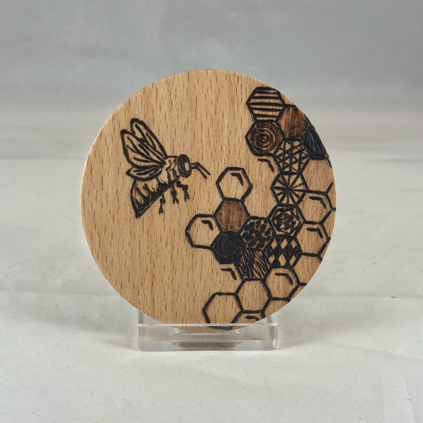 Honeybee Honeycomb Hexagons Wood Burned Travel Mirror, Pyrography