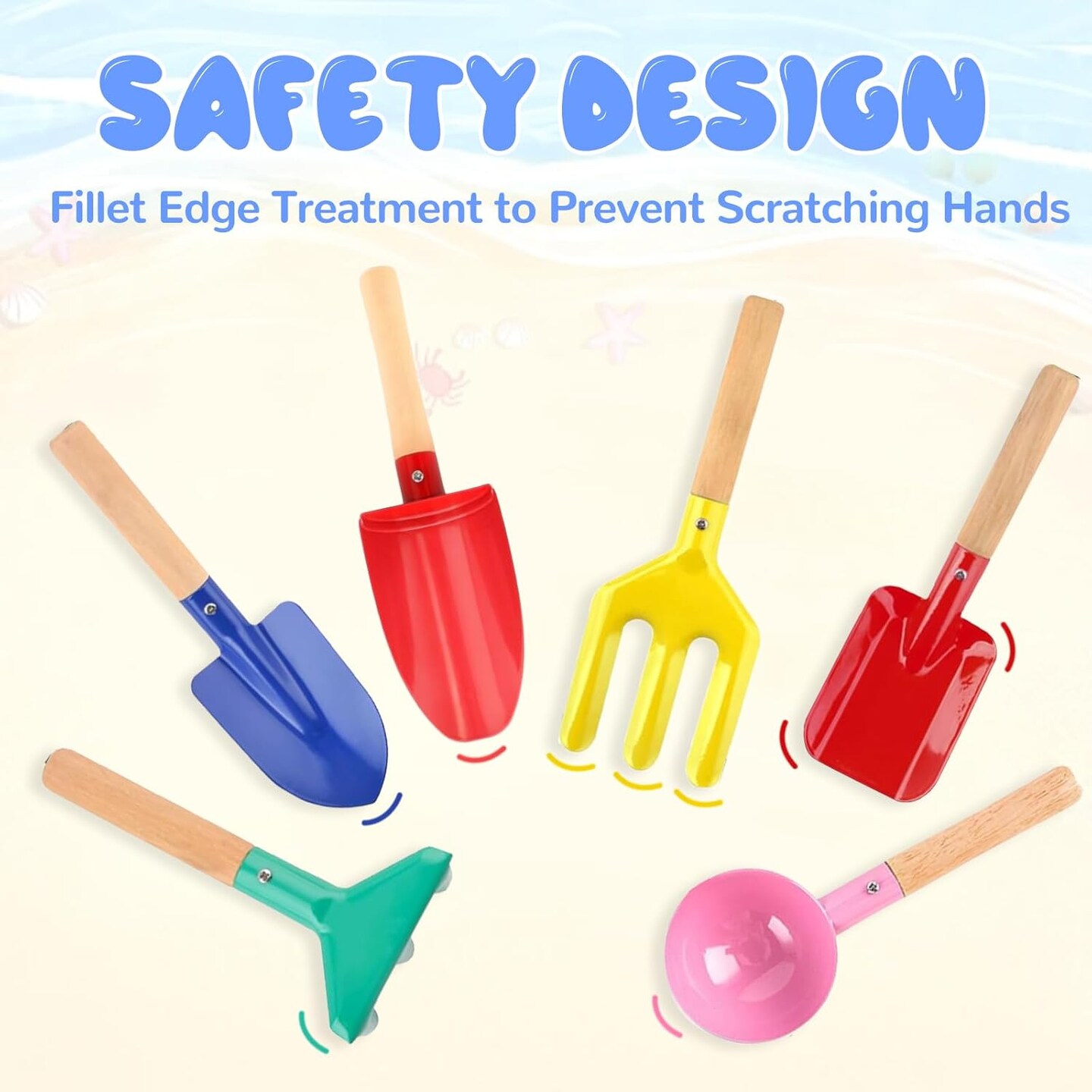 Summer Beach Toys, 6 Pcs Children Beach Sand Toys, 8&#x27;&#x27; Kids Gardening Set Metal Garden Tools with Sturdy Wooden Handle,Safe Kids Shovel with Cylinder, Spoon, Fork, Rake, Flat Shovel &#x26; Pointed Shovel