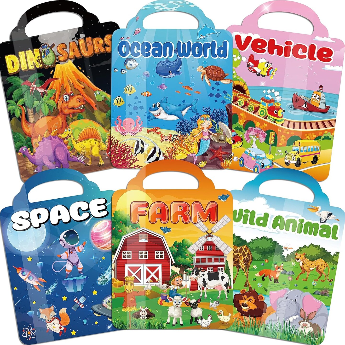 6Set Puffy Sticker Books for Kids 2-4, 3D Reusable Stickers Books for Toddlers 1-3,2-4,Farm+Animal+Dinosaurs+Ocean World+Space+Vehicle