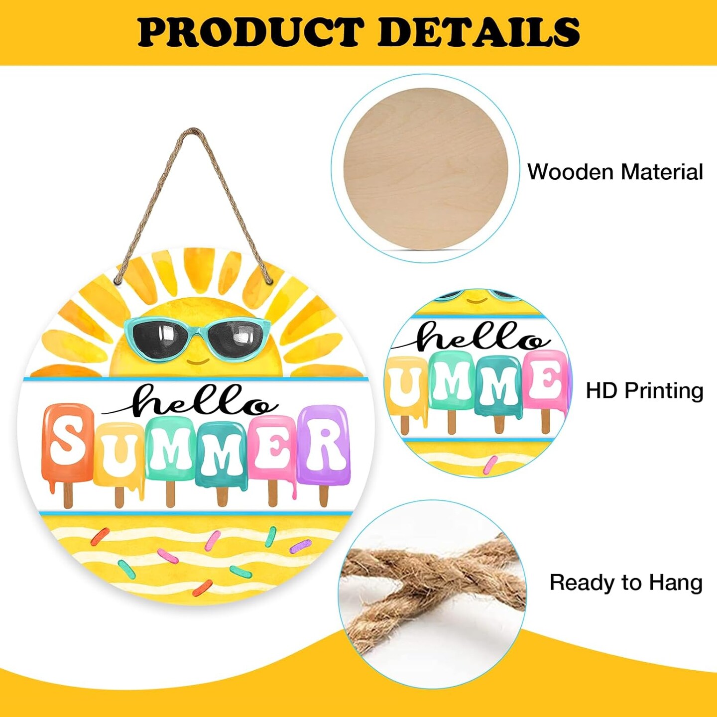 Hello Summer Sun Sunshine Front Door Sign, Popsicle Sunglasses Yellow Wood Door Hanger Outdoor Outside Porch Decor, Seasonal Wooden Wreath Indoor Wall Hanging Decoration