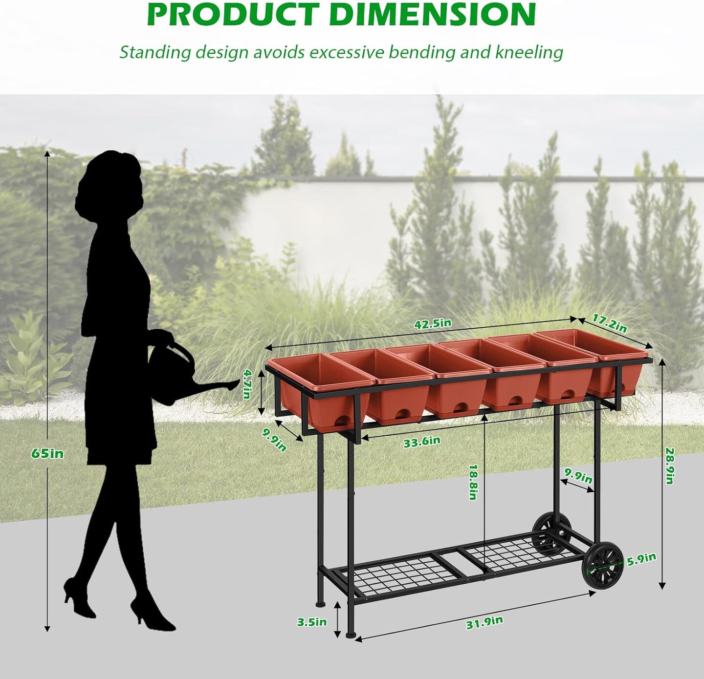 Black Raised Garden Bed with Wheels &#x26; Storage Shelf - 43x17x29in/109x43x74cm Elevated Planter Box, 6 Individual Planters for Vegetables, Herbs, Flowers (Outdoor/Indoor)