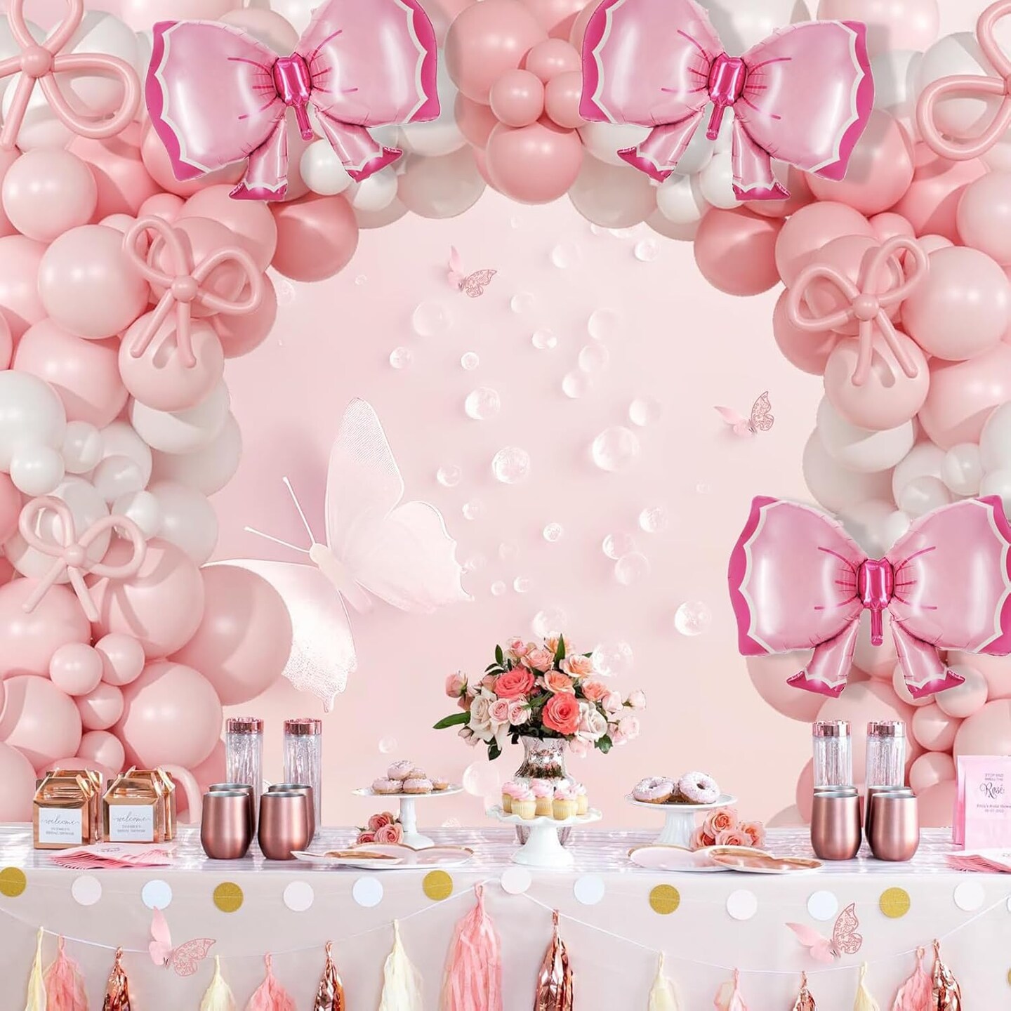 148 Pcs Pink Balloon Arch Kit Pink and White Balloon Garland Pink Bow Long Balloons
