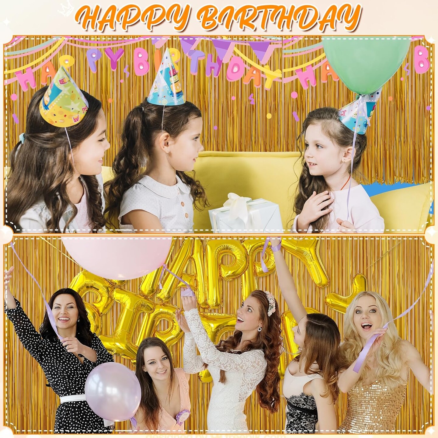 3 Pack 3.3 x 9.9 ft Gold Foil Fringe Glitter Curtains Party Decorations, Tinsel Backdrop for Parties, Door Streamers for Birthday, Photo Booth Backdrops, Party Decor