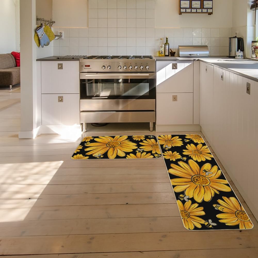 Yellow Bee Summer Kitchen Mats Set of 2, Yellow Sunflowers Seasonal Home Decor Summer Kitchen Rugs&#xFF0C; Non Skid Washable Decorative Kitchen Mats for Floor-17x29 and 17x47 Inch-AKM063