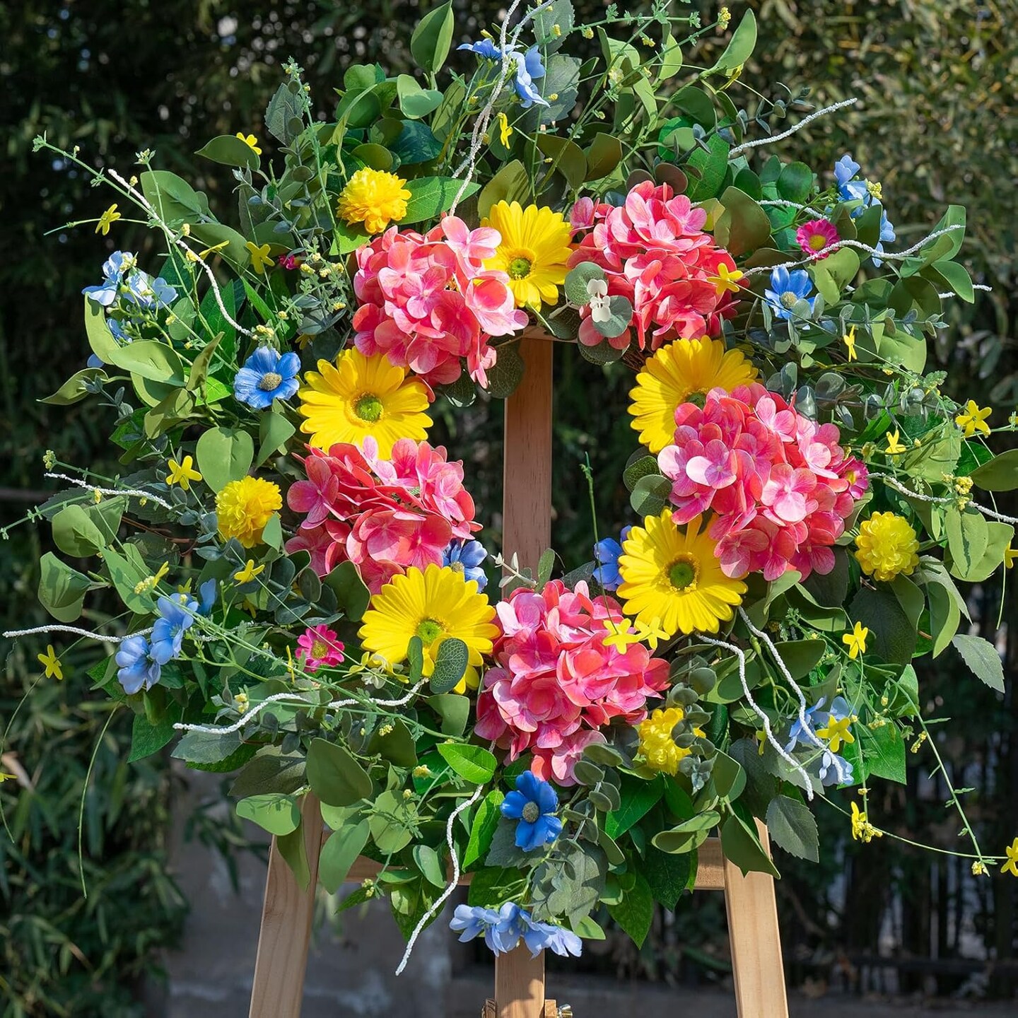 24 Inch Summer Wreaths for Front Door Summer Wreath with Vibrant Dahlia, Gerbera Daisy &#x26; Primula Floral Arrangement - All Seasons Summer &#x26; Spring Door Wreath for Outside Decor