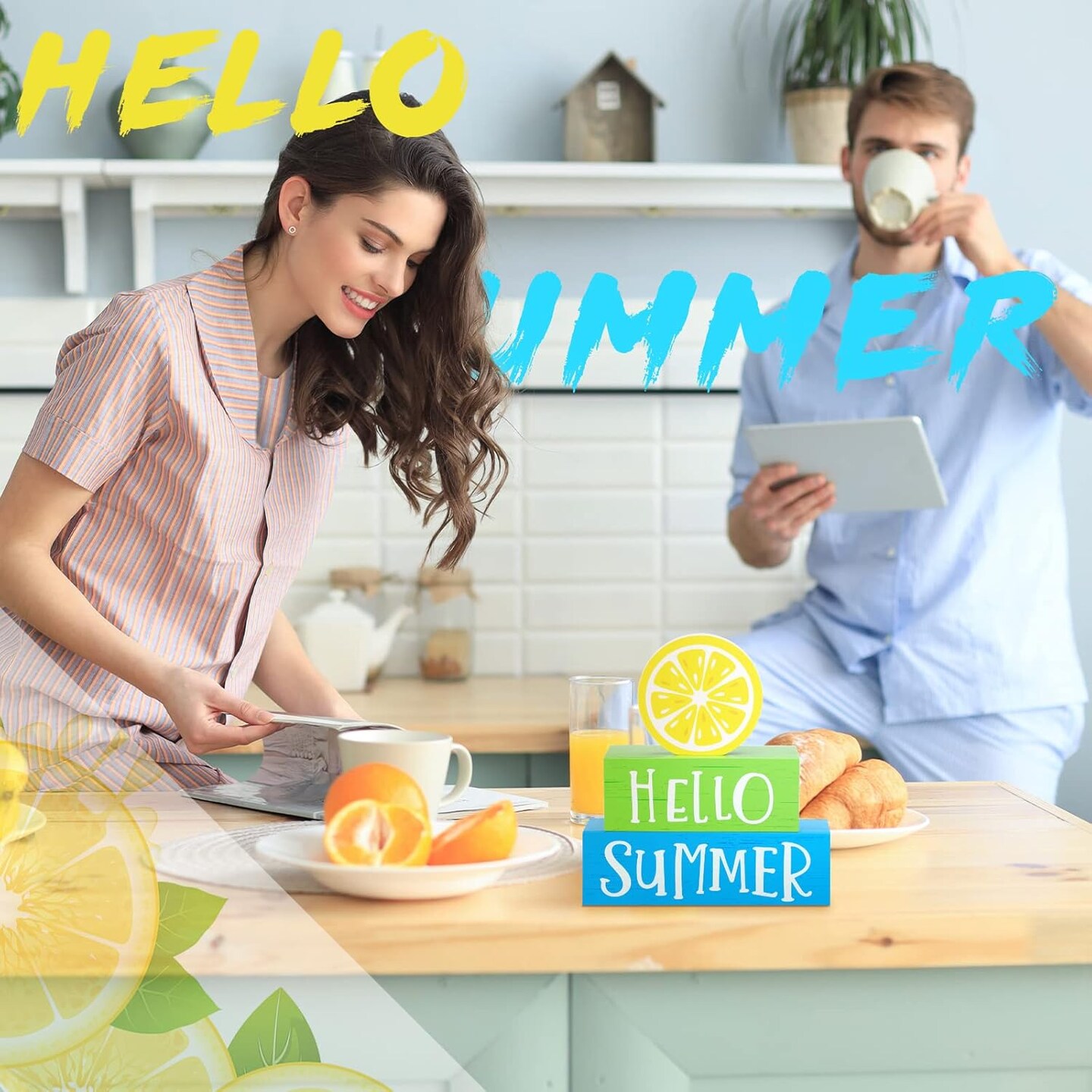 3 Pcs Summer Wooden Block Decor – Hello Summer Lemon Tiered Tray Set, Rustic Farmhouse Table Centerpiece for Shelf, Mantel, Kitchen, Office & Party Décor