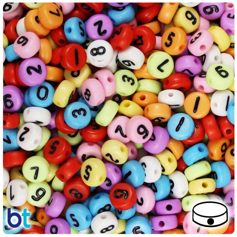 BeadTin Mixed Opaque 7mm Coin Plastic Alpha Beads - Black Number Mix (250pcs)