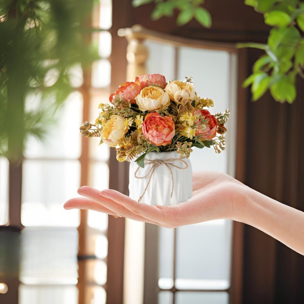 Faux Flowers with Vase,Artificial Silk Flowers in Ceramic Vase,Small Fake Flower Arrangement for Home Office Kitchen Bathroom Coffee Dining Table Centerpiece Decor (Orange,Chrysanthemum)