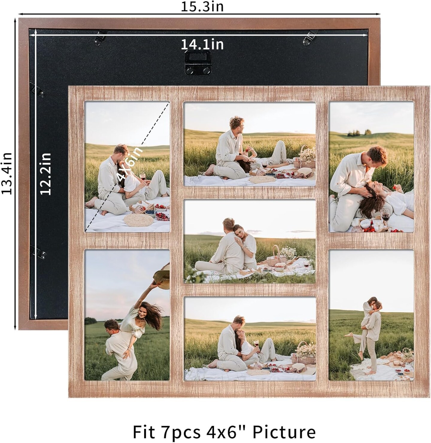 4x6 Picture Frame Collage for Wall Decor, Multiple Photo Collage Frames with Tempered Glass, 7-Opening for 4 x 6 Picture Frames, Rustic Brown, 1 Pack