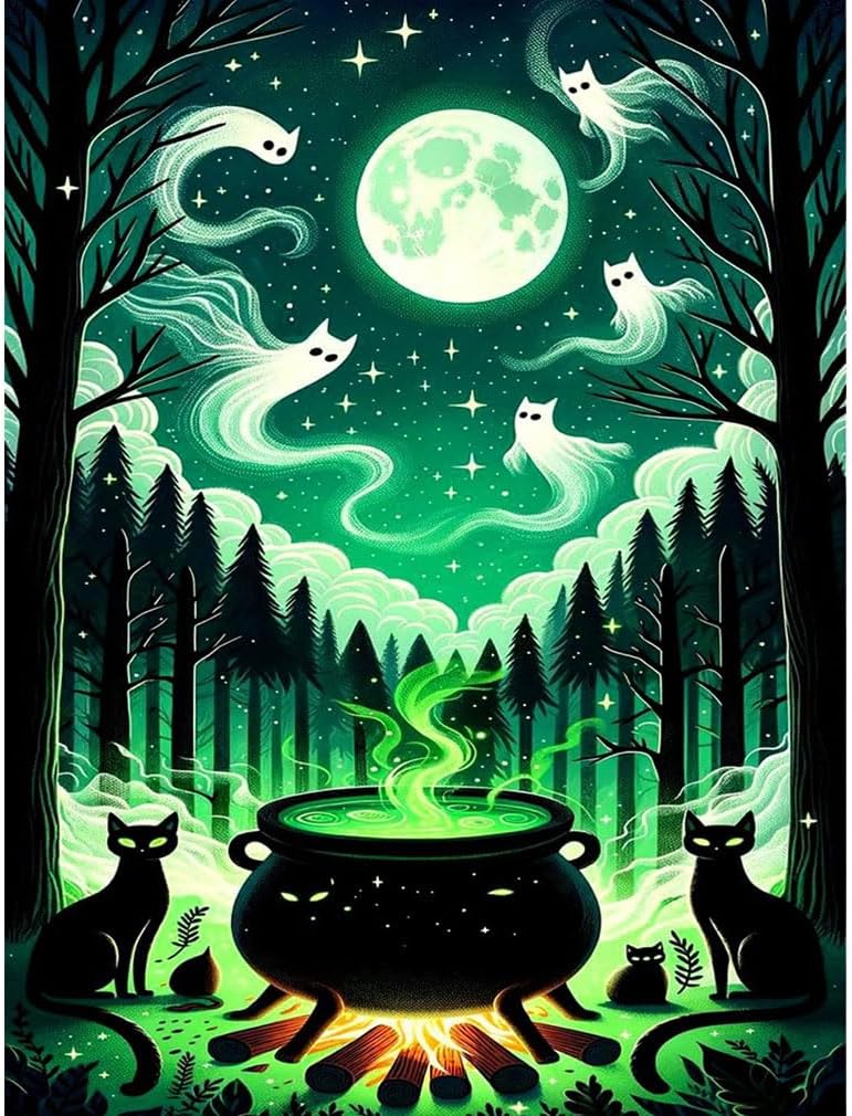 Halloween Moon Diamond Painting Kits for Adults - Ghost Forest Diamond Art Kits for Adults Beginner, DIY Full Drill Spooky Diamond Art Painting,5D Gem Art and Cat Crafts