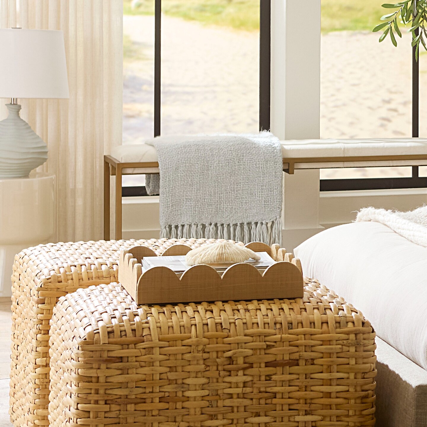 Jamie Young Company Scalloped Small Rectangular Decorative Tray - 15" - Brown