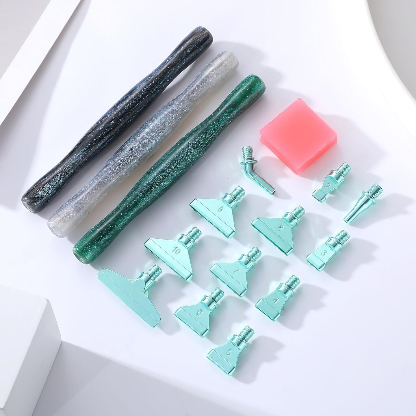 Diamond Painting Pen Accessories Tools Set,3PCS Glitter Diamond Art Pen and 12Pcs Green Metal Screw Thread Multi Placer Tips,Resin Diamond Painting Drill Pens for DIY Diamond Art