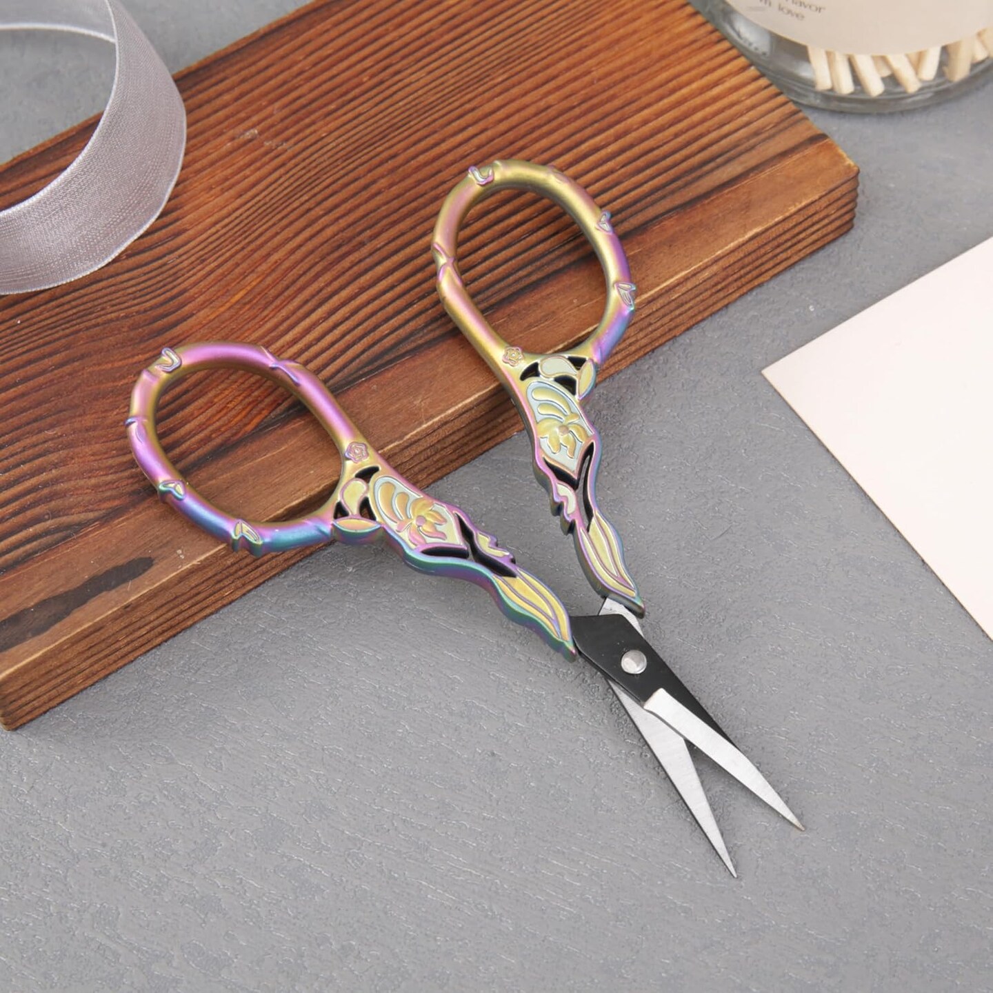 Small Rainbow Art Scissors with Beautiful Decos - Comfortable Handles and Sharp Tips for Crochet, Embroidery, and Sewing - Includes Protective Cover