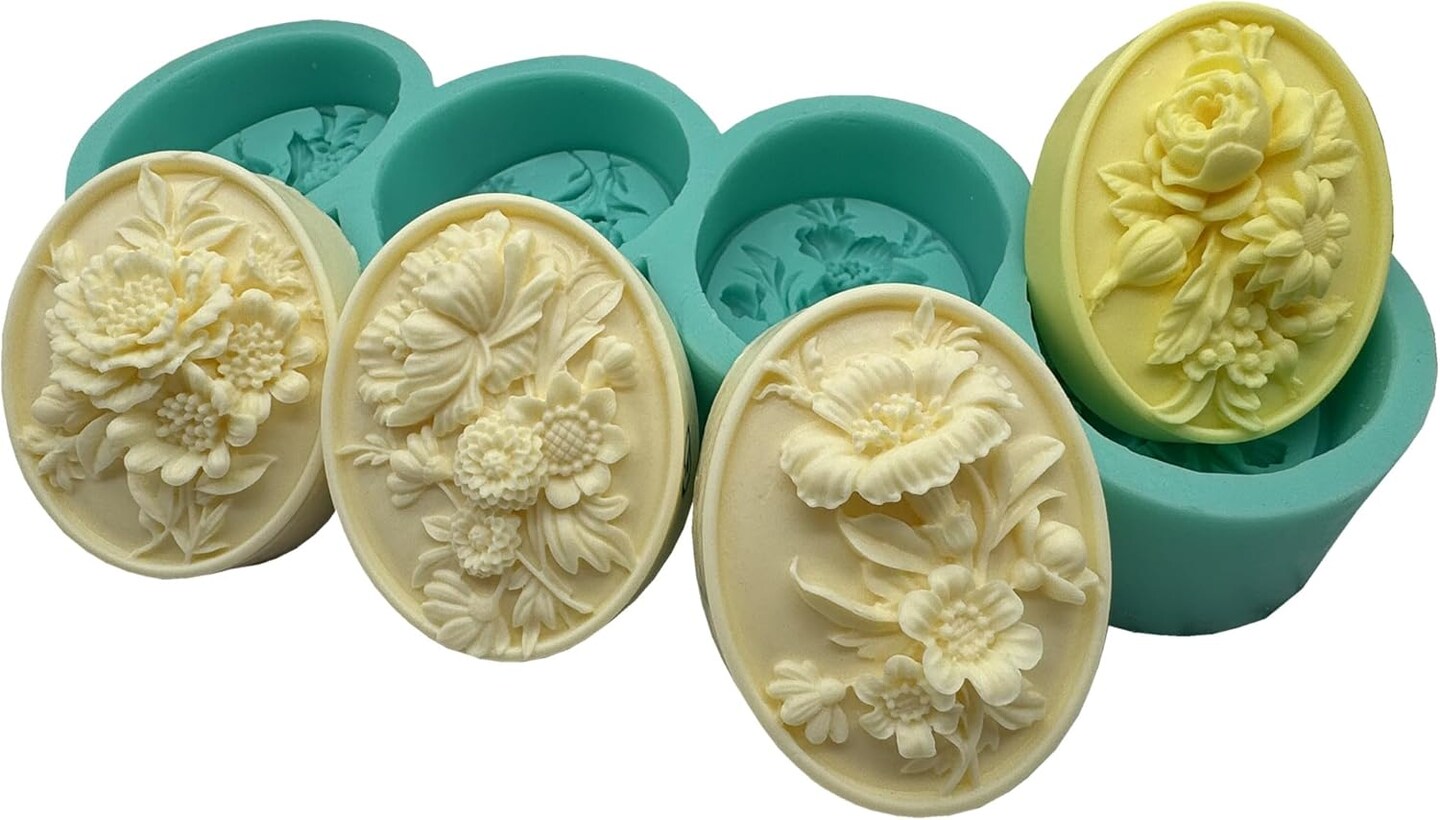 Four Cavities Soap Mold One Mold for 4 Different Flower Soap Making DIY Natural Flower Silicone Soap Molds Scented Candle Wax Resin Gypsum Mould
