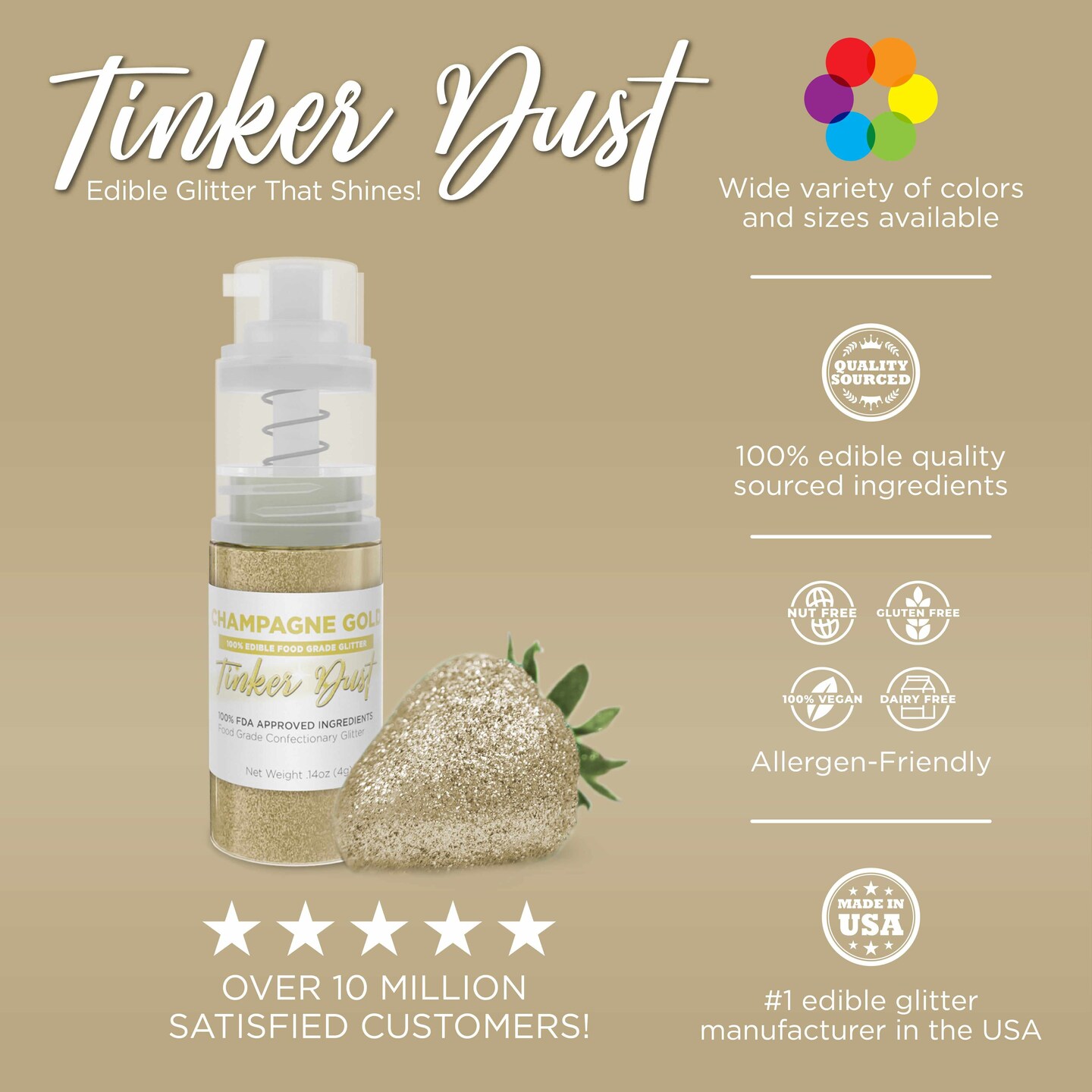 Bakell - Champagne Gold Tinker Dust Edible Glitter (25g, 1x Spray Pump) for Food, Desserts, and Beverages!