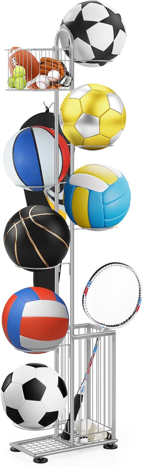 7-Tier Metal Ball Storage Rack with 2 Baskets & Hooks – Vertical Space-Saving Organizer for Basketball, Football, Volleyball, Gear | Indoor/Outdoor Garage, Gym, Kids’ Room