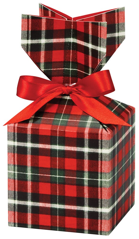 Pack/6: Christmas Plaid Cinch Gift Boxes - 3-1/2 x 3-1/2 x 7&#x22;