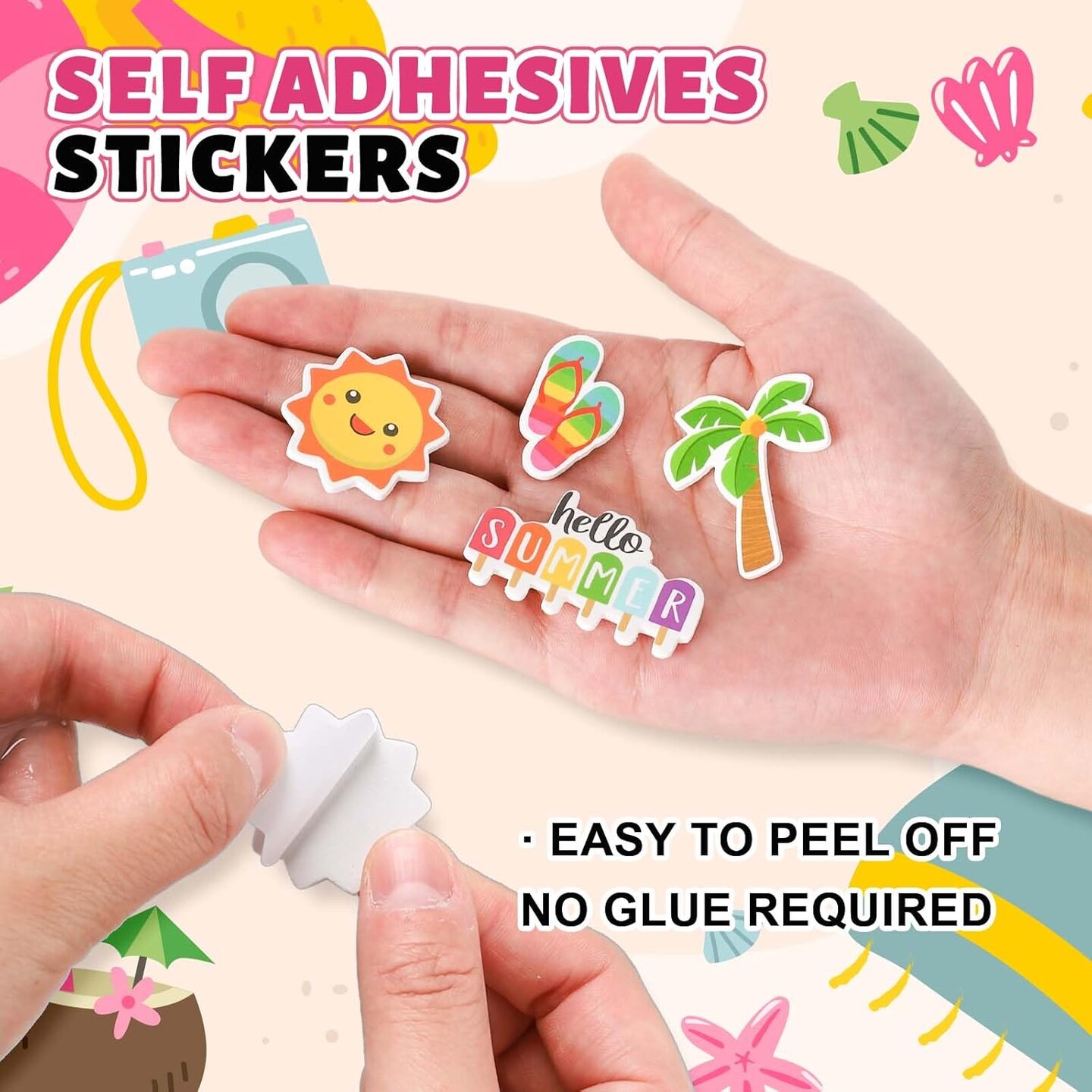 300Pcs Summer Foam Stickers Hello Summer Gnome Tropical Beach Watermelon Hawaii Decals Mixed Bulk Cartoon Self-Adhesive Decorative for DIY Art Craft Scrapbook Journal Party Supplies