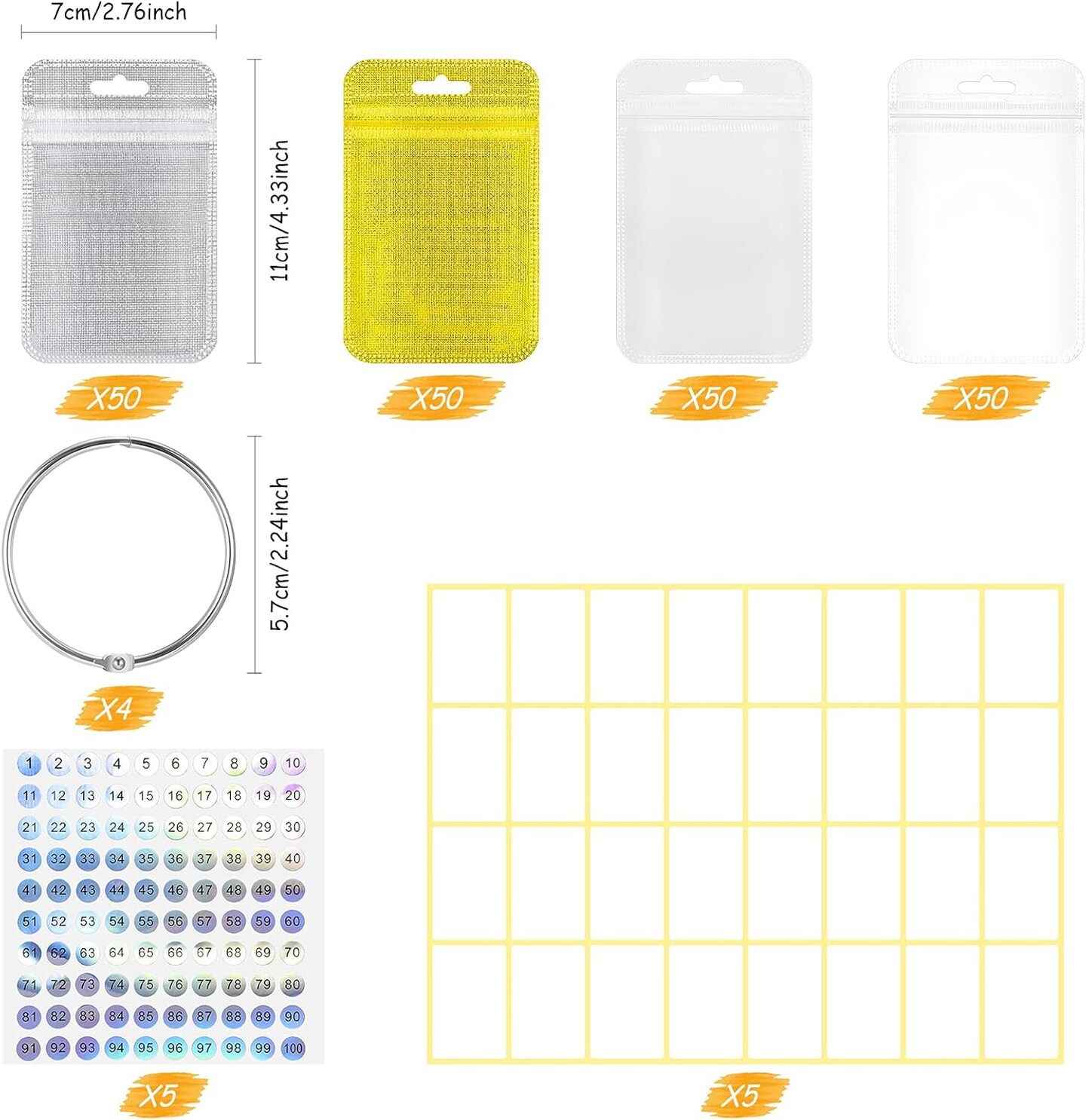 200 Pieces Diamond Painting Accessories Diamond Painting Tools Kit Storage Container Diamond Art Resealable Bags with 4 Round Binding Rings, 5 Sheets Number Stickers and 5 Sheets Sticker Label