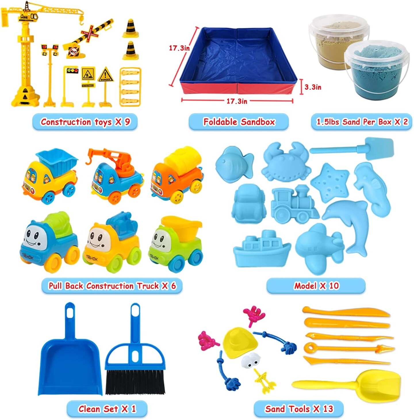 Summer Play Construction Sand Kit - 3lbs Sand with 2 Colors, 6 Mini Construction Trucks, Construction Toys and Signs, Animal Mold, Modeling Tools, Foldable Sandbox, Gifts for Boys Girls