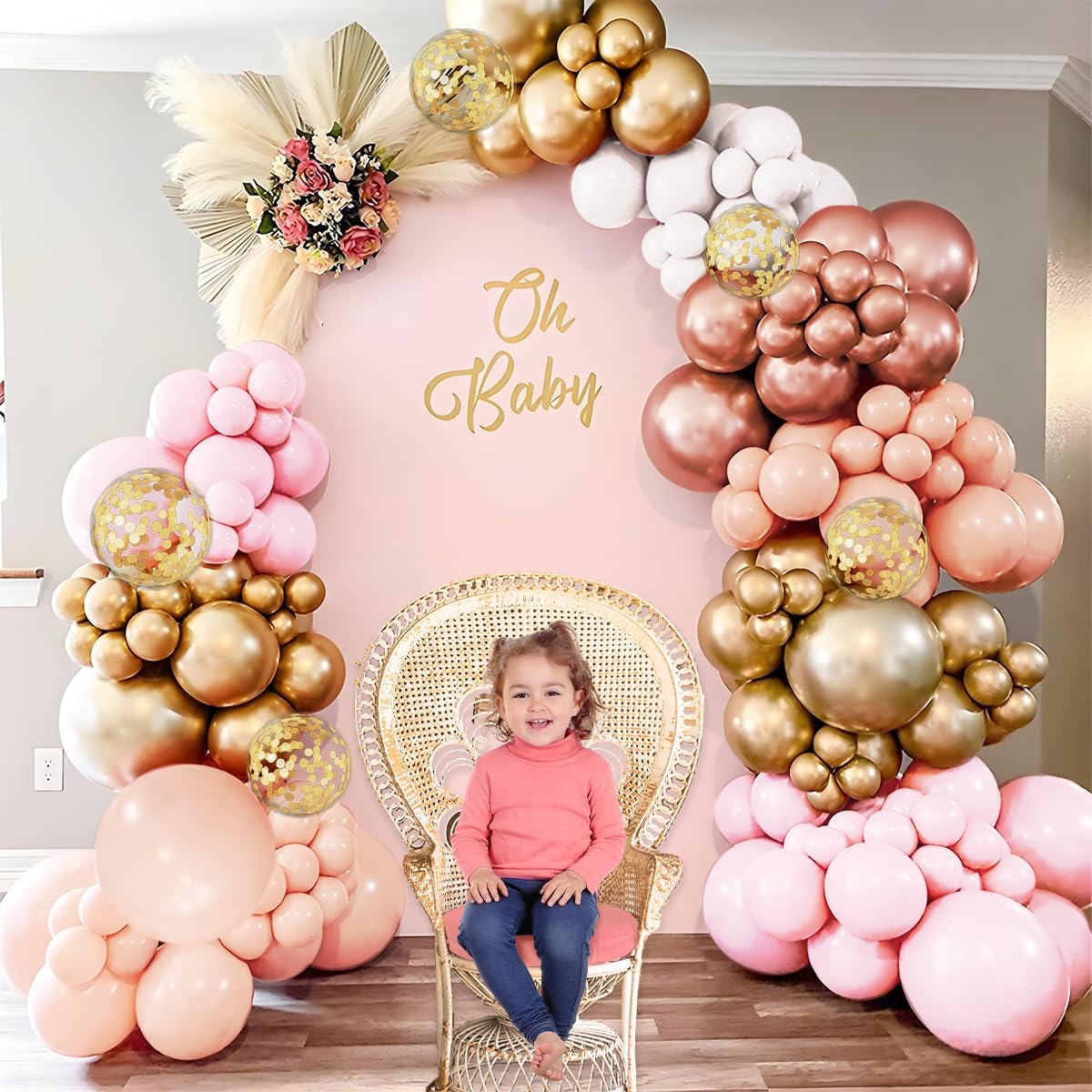 Rose Gold Balloon Kit, 147Pcs Metallic Gold White Pastel Nude Pink and Rose Gold Balloons Garland with Confetti