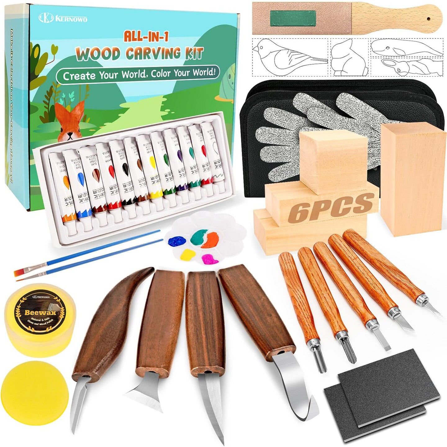 Wood Carving Kit, 44Pcs Wood Carving Tools with 4 Style Templates &#x26; 12 Color Paint Set &#x26; Bee Wax, Wood Whittling Knives Set 4pcs Whittling Knives &#x26; 5pcs Detail Knives for Beginners and Hobbyists