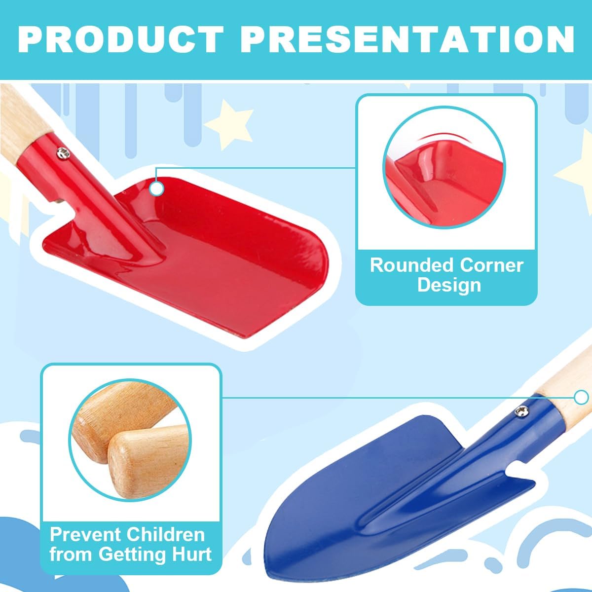 Summer Beach Toys, 6 Pcs Children Beach Sand Toys, 8&#x27;&#x27; Kids Gardening Set Metal Garden Tools with Sturdy Wooden Handle,Safe Kids Shovel with Cylinder, Spoon, Fork, Rake, Flat Shovel &#x26; Pointed Shovel