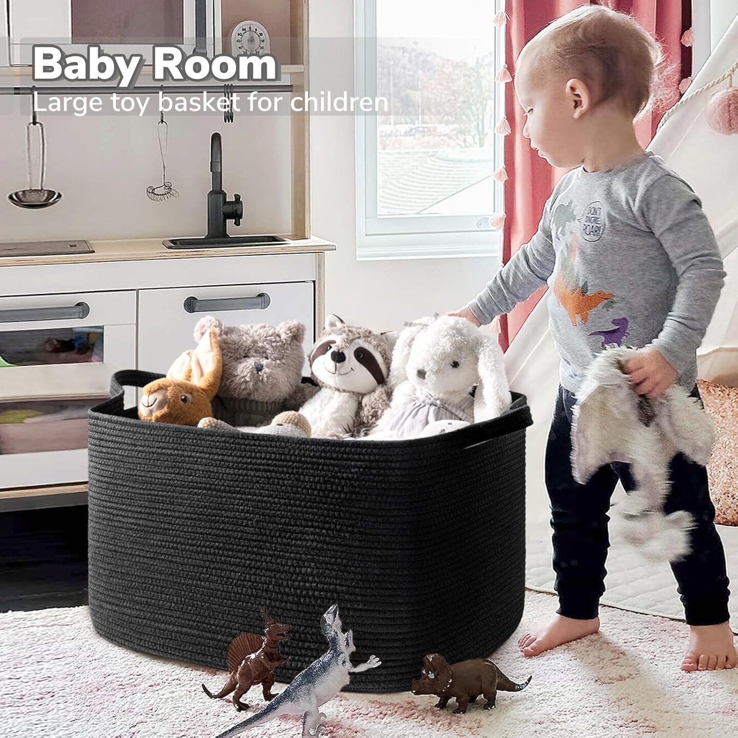 Summer Black Storage Basket for Living Room, Woven Baskets for Storage, Dirty Clothes Basket, Extra Large Rectangle Baby Baskets for Pillows, Toys, 24&#x22; x 16&#x22; x 14&#x22;