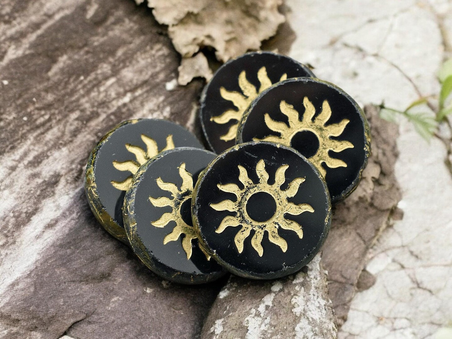 *2* 21mm Gold Washed Jet Picasso Table Cut Sun Design Coin Beads