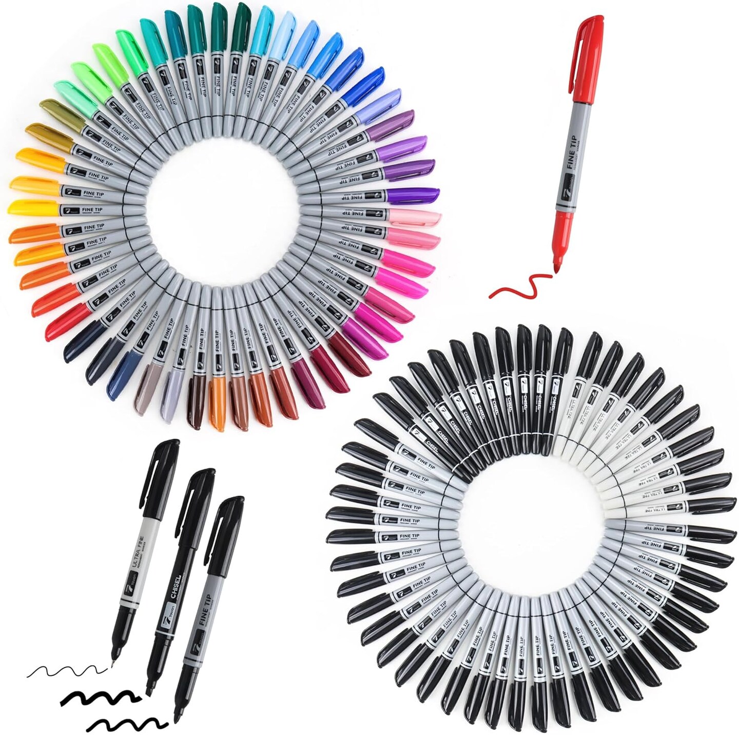 100 Pack Permanent Markers Bulk - 50 Assorted Colors + 50 Black Waterproof Quick Drying Colored Pens Set for Classroom Home Office School Supplies, Adults Coloring Marking