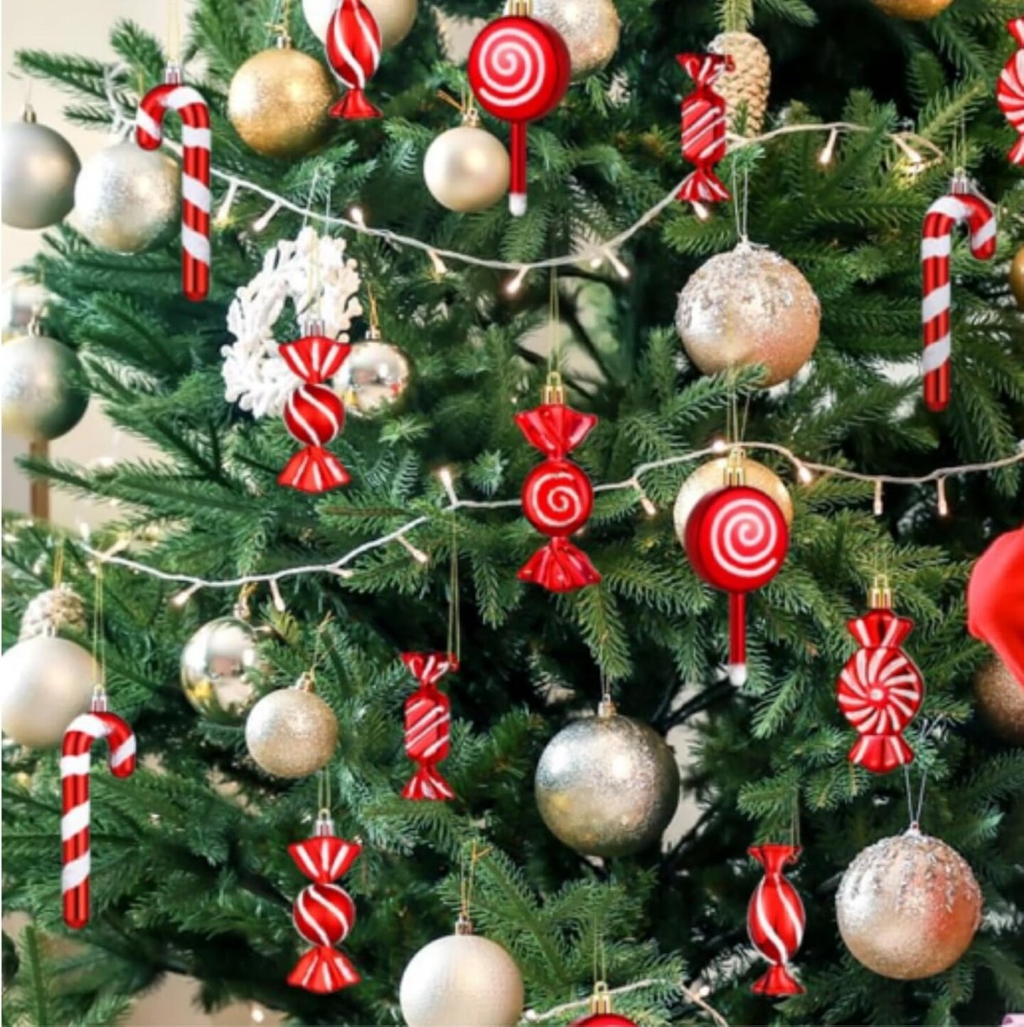 36 Pcs Red and White Christmas Ornaments, Shatterproof Plastic Red Christmas Ornaments for Tree - Candy Cane Christmas Decorations Candies Christmas Ball Ornaments for Xmas Tree Party Decoration