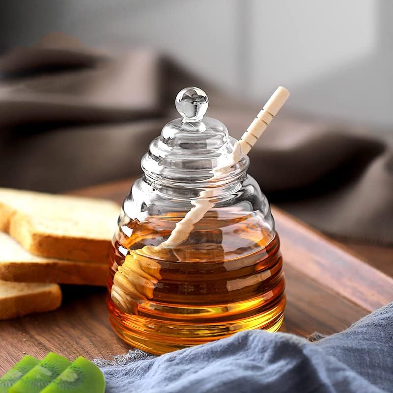 16.9 Oz Honey Pot with Dipper, Glass Honey Jar and Dipper Set, Honey Dispenser, Beehive Honey Pot for Store Honey and Syrup(wooden stick)