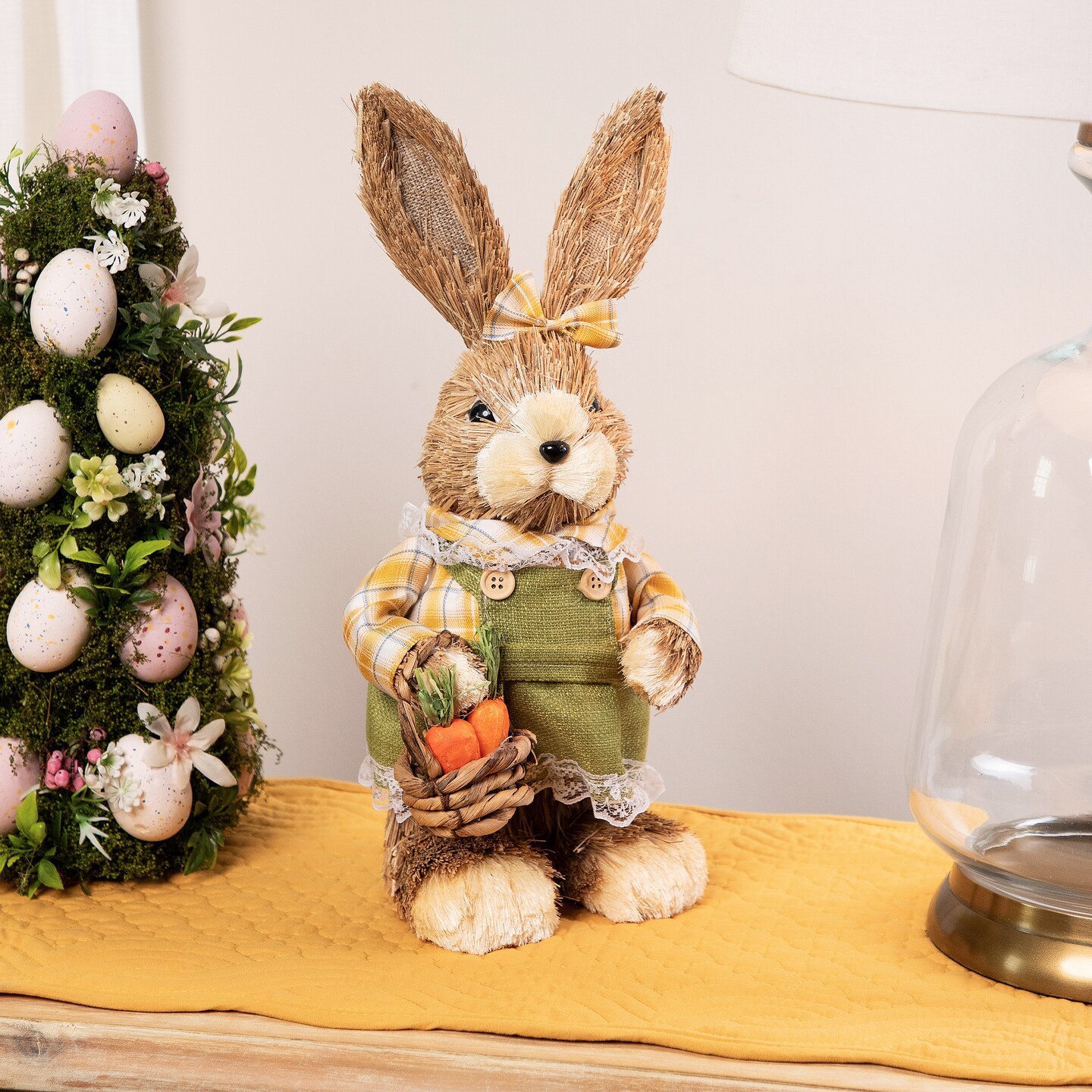Northlight Girl Sisal Rabbit with Easter Basket Figure - 13.75&#x22; - Yellow and Green