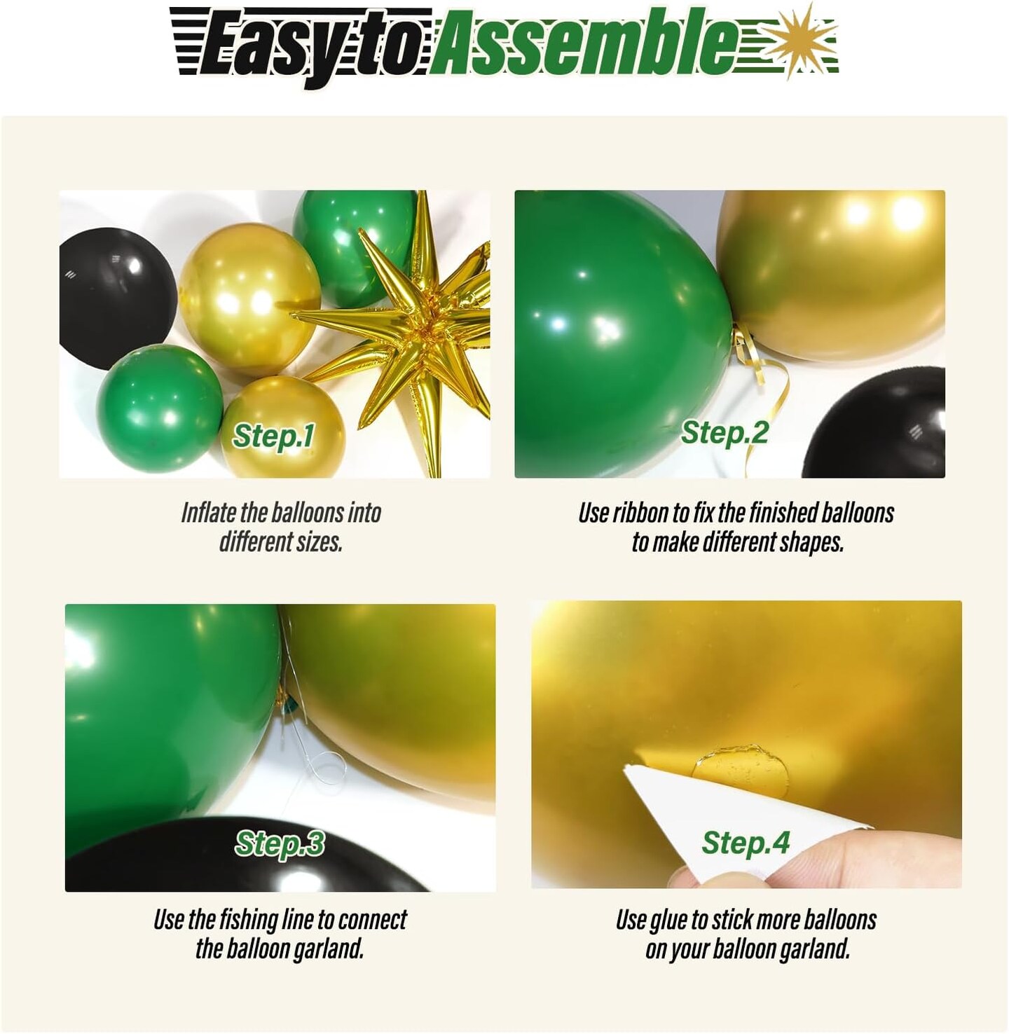 Green and Gold Black Balloon Arch Kit with 3pcs Star Balloon, Emerald Forest Dark Green Black Metallic Gold Balloons for Birthday Football Graduation Wedding New Years Party Decoration