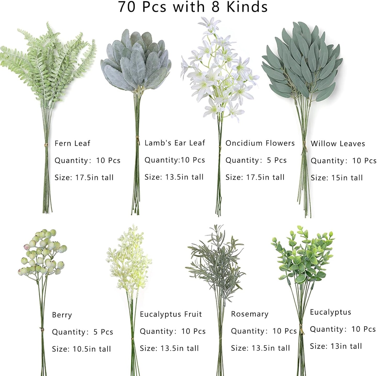 70 Pcs Artificial Greenery Stems Box Set,with 8 Kinds of Faux Plants and Fake Flowers for DIY Bridal Bouquets Wedding Floral Arrangement Table Centerpieces Decoration (Sage Green & White)