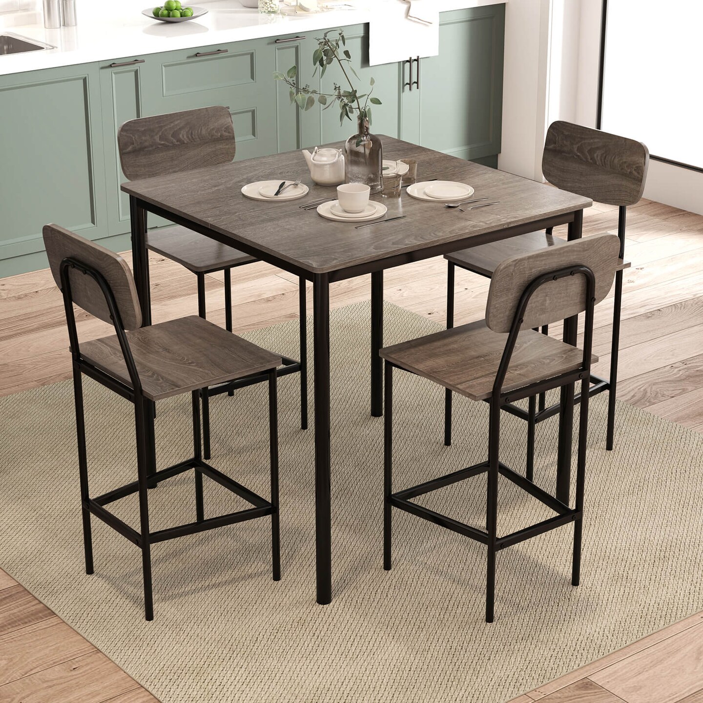 Costway 5-Piece Industrial Dining Table Set with Counter Height Table & 4 Bar Stools Black/Grey/Walnut