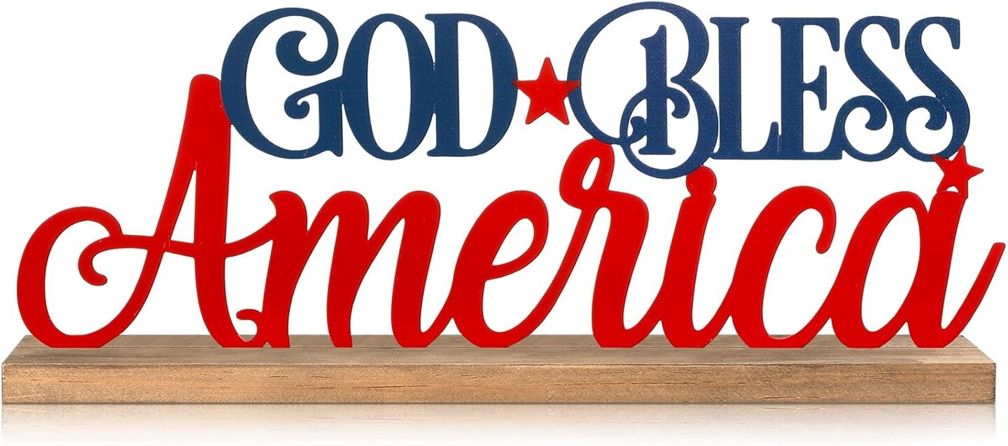 Patriotic "God Bless America" Metal Sign, Rustic Table Decor with Wooden Base, Freestanding for Home & Mantel