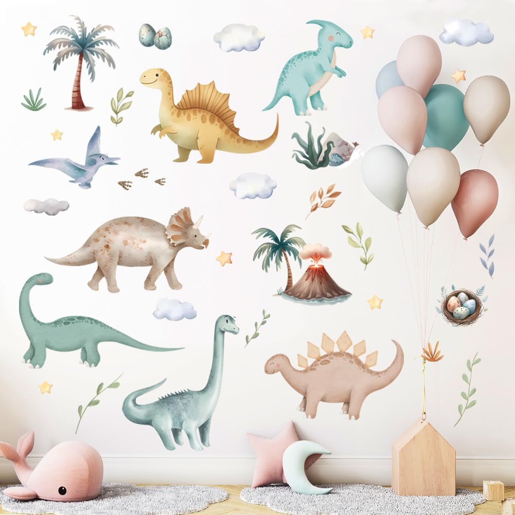 Dinosaur Wall Sticker Peel and Stick Dino Wall Decal Palm Tree Volcano Wall Stickers Green Plant Wall Decals Cute Animal Wall Art Decor for Kids Nursery Bedroom