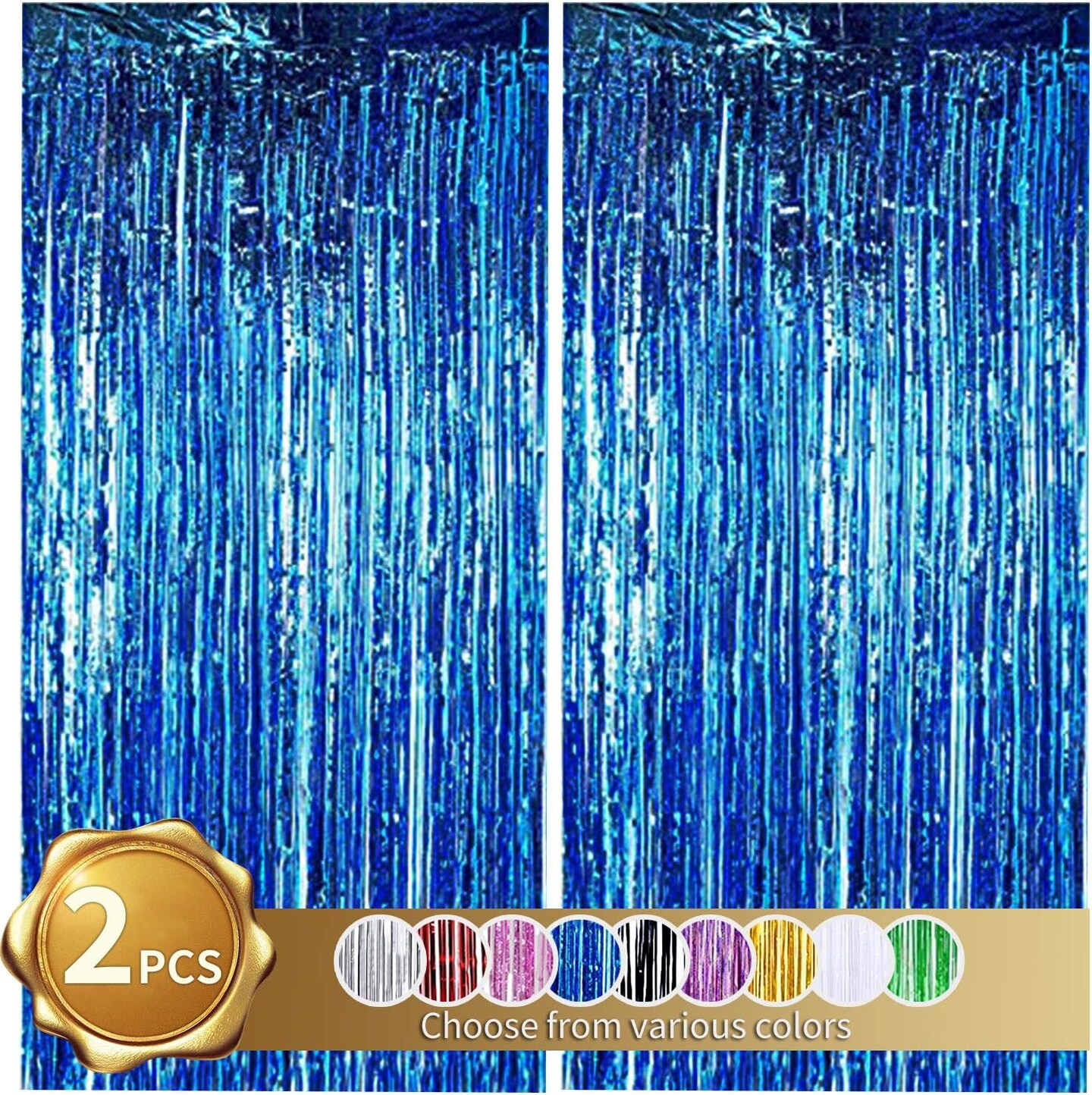 2 Pcs Blue Door Streamers Tinsel Curtain Party Backdrop Fringe Foil Wall Background for Birthday Halloween Christmas Wedding Boys Baby shower Party Decoration(3.28 ft x 6.56 ft)