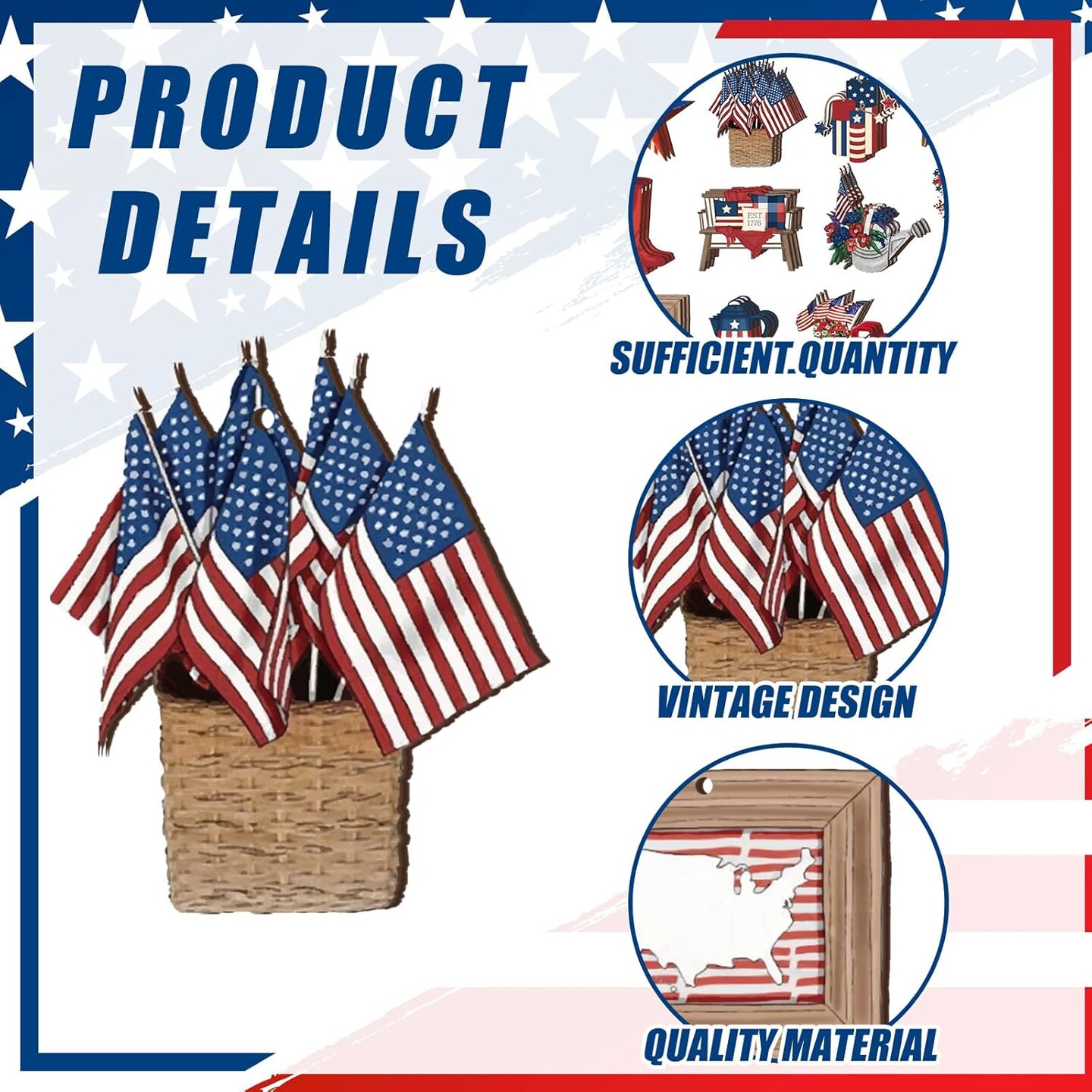 36-piece set of patriotic wooden ornaments featuring red, white, and blue designs with stars and gnome cutouts, ideal for decorating trees, wreaths, home displays, and holiday crafts.