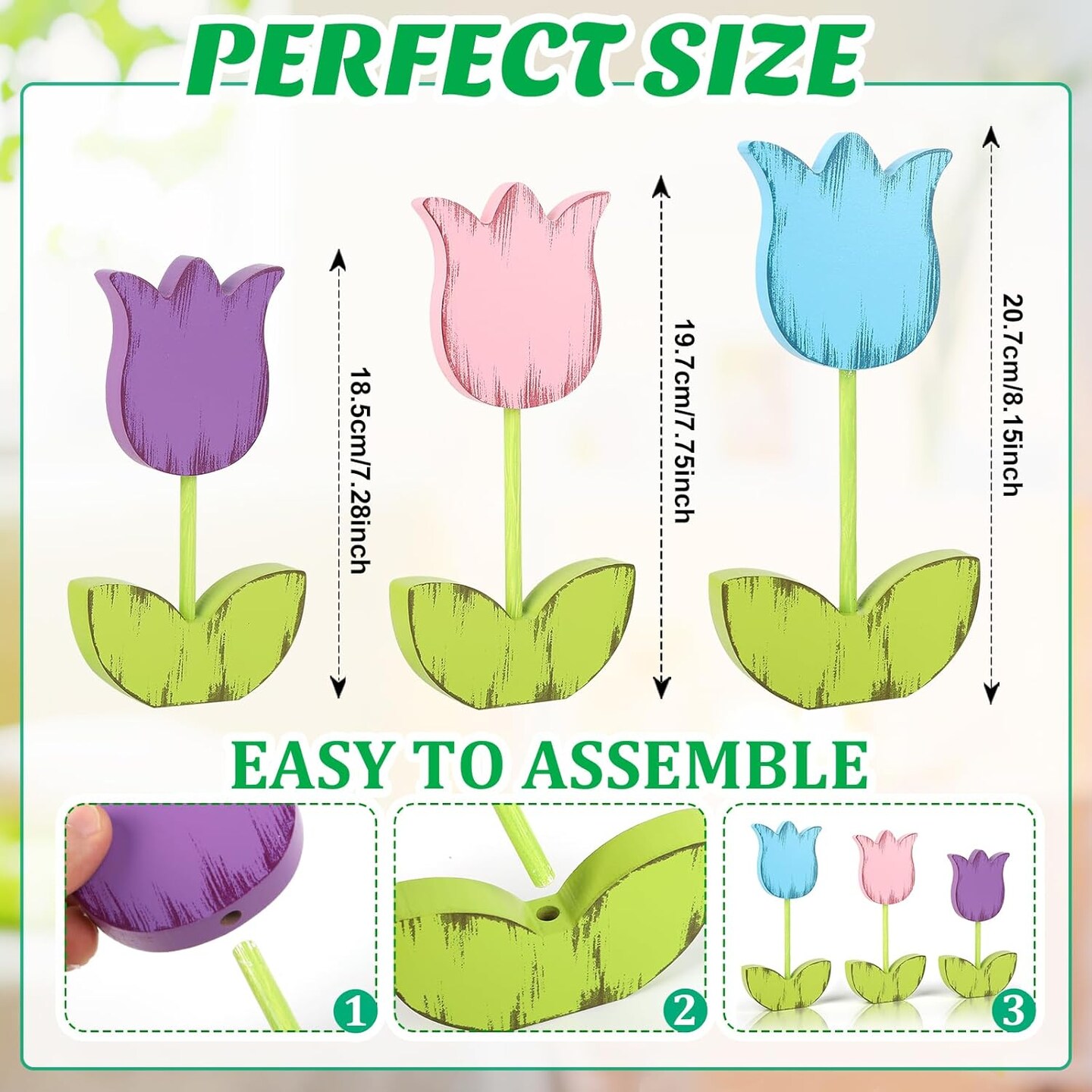 3-Piece Spring Table Decorations – Tulip Wooden Farmhouse Set for Tiered Tray, Tabletop, Shelf & Home Décor | Hello Spring Decor