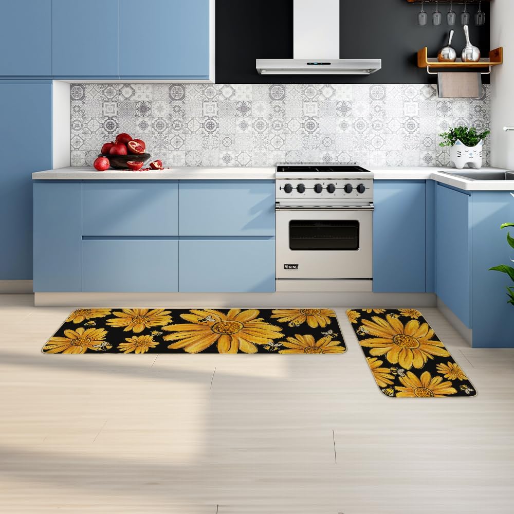 Yellow Bee Summer Kitchen Mats Set of 2, Yellow Sunflowers Seasonal Home Decor Summer Kitchen Rugs&#xFF0C; Non Skid Washable Decorative Kitchen Mats for Floor-17x29 and 17x47 Inch-AKM063
