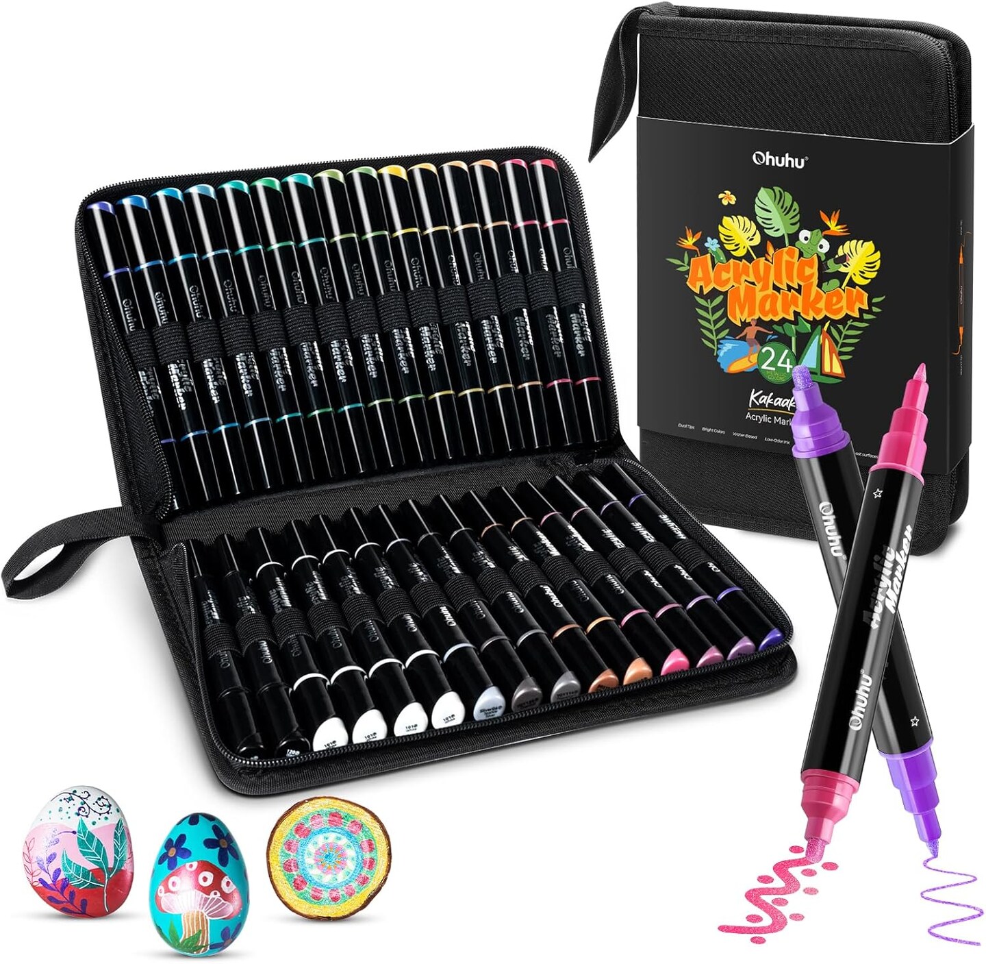 Ohuhu Acrylic Paint Markers 24 Metallic Colors 30 Pens: Dual Tips (Round &#x26; Fine) Acrylic Markers High Opacity Paint Pens Waterproof Lightfast for Rock Painting Eggs Wood Glass Ceramic - Kakaako