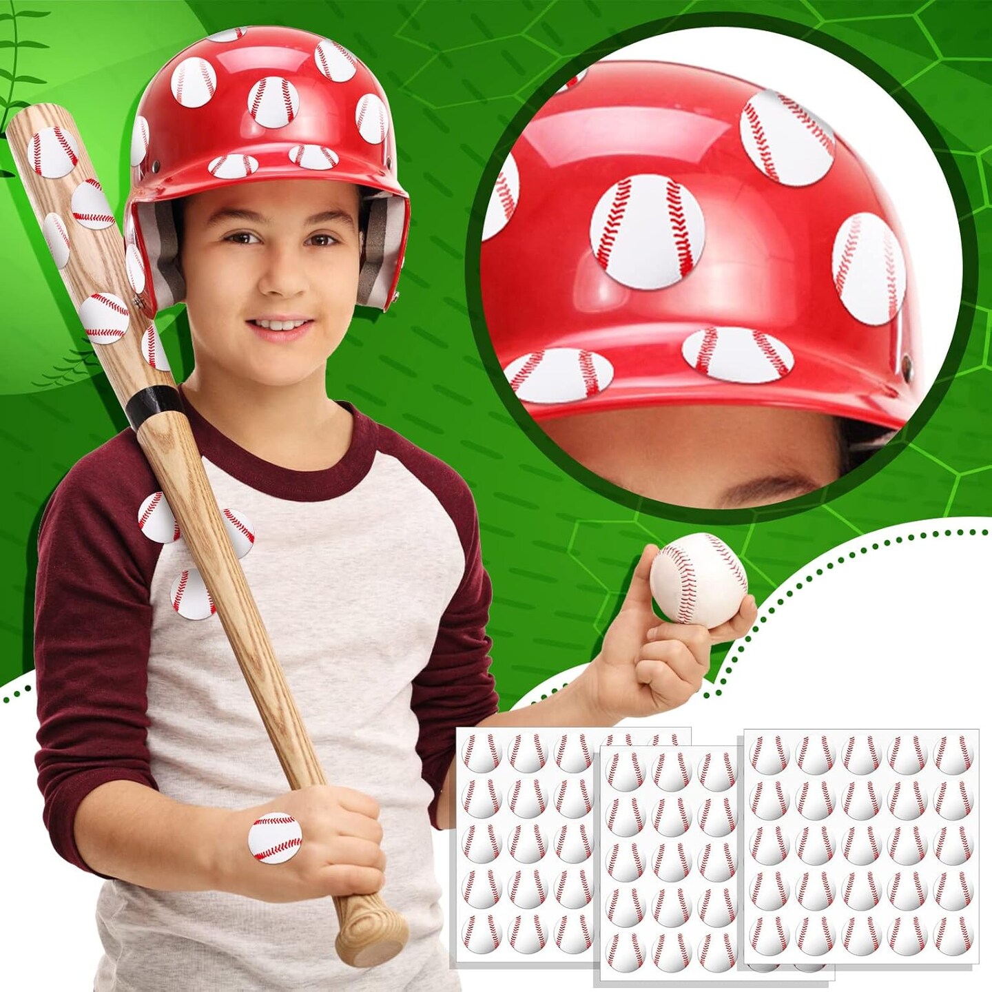 200 Pieces 8 Sheets Baseball Award Decal Set Baseball Vinyl Stickers 1&#x22; Small Self Adhesive Baseball Helmet Stickers for Laptops, Cars, Scrapbook, Phones, Batting